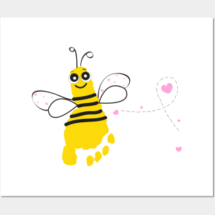 Honey bee with baby foot print and hearts Posters and Art